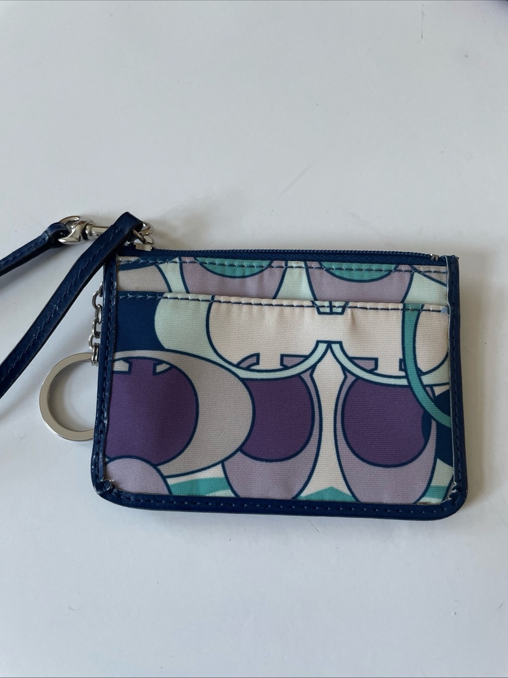 Coach Multicolor Signature Print Wristlet Card Case in Purple and Navy